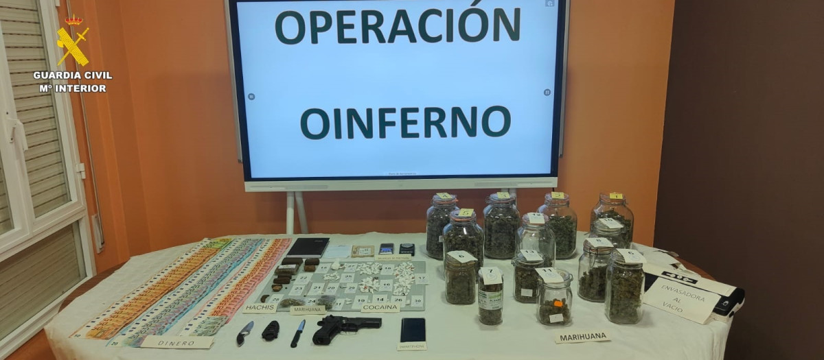 Drogas, dinero y efectos incautados en el marco de la Operación 'Oinferno'.

REMITIDA / HANDOUT por GUARDIA CIVIL
Fotografía remitida a medios de comunicación exclusivamente para ilustrar la noticia a la que hace referencia la imagen, y citando la procedencia de la imagen en la firma
26/11/2024