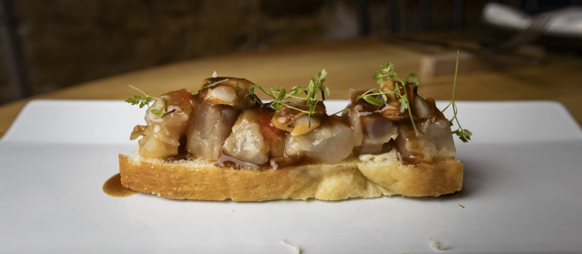 Focaccia de tendones de berberechos, mahonesa y lima y brotes