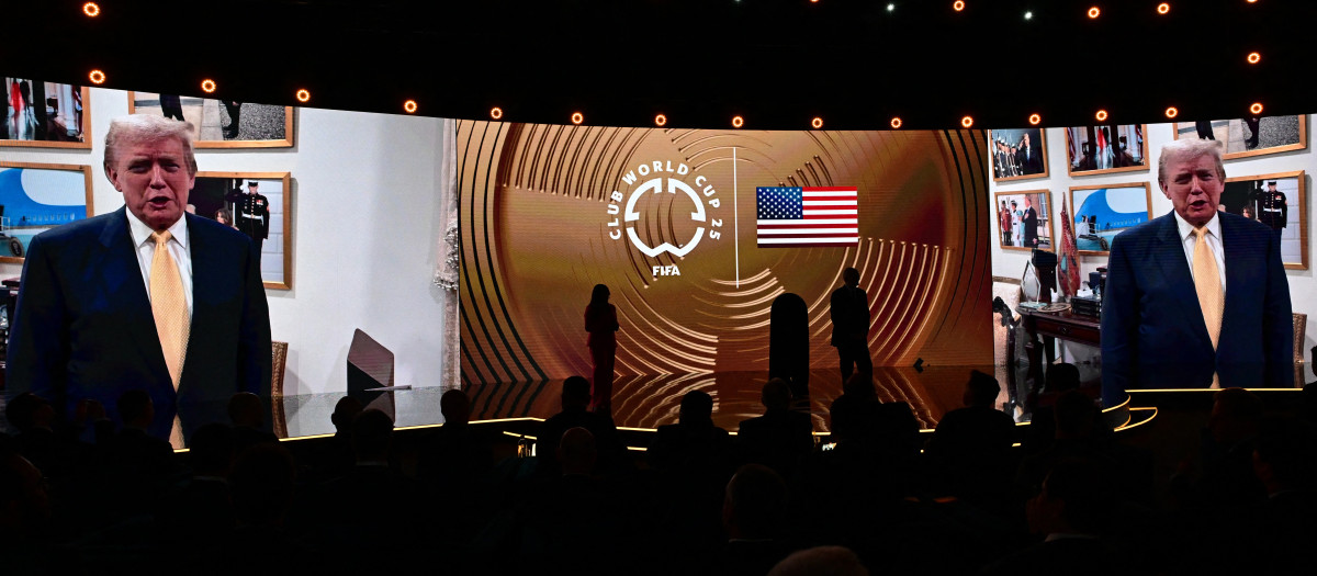 US President-elect Donald Trump speaks virtually to attendees during the 2025 FIFA Club World Cup Draw ceremony in Miami on December 5, 2024. (Photo by Giorgio VIERA / AFP)