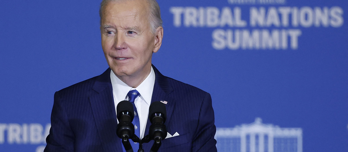 WASHINGTON, DC - DECEMBER 09: U.S. President Joe Biden delivers remarks during the 2024 Tribal Nations Summit at the Interior Department on December 09, 2024 in Washington, DC. The Summit brings together federal officials and Tribal Nation leaders to discuss issues facing Tribal Nations, including Tribal sovereignty, native health and safety programs, and preservation of ancestral lands and waterways. At the summit President Joe Biden will designate a new national monument, The Carlisle Federal Indian Boarding School National Monument located in Carlisle, Pennsylvania, a former facility for reeducating tribal children. Kevin Dietsch/Getty Images/AFP (Photo by Kevin Dietsch / GETTY IMAGES NORTH AMERICA / Getty Images via AFP)