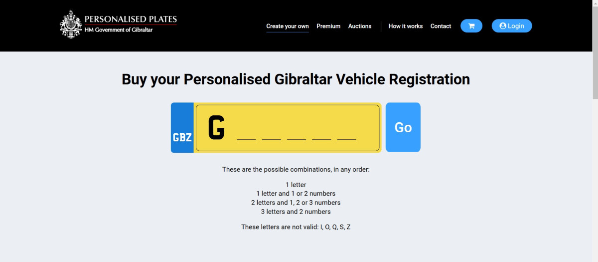 Página web del Gobierno colonial de Gibraltar para gestionar la compra de matrículas personalizadas