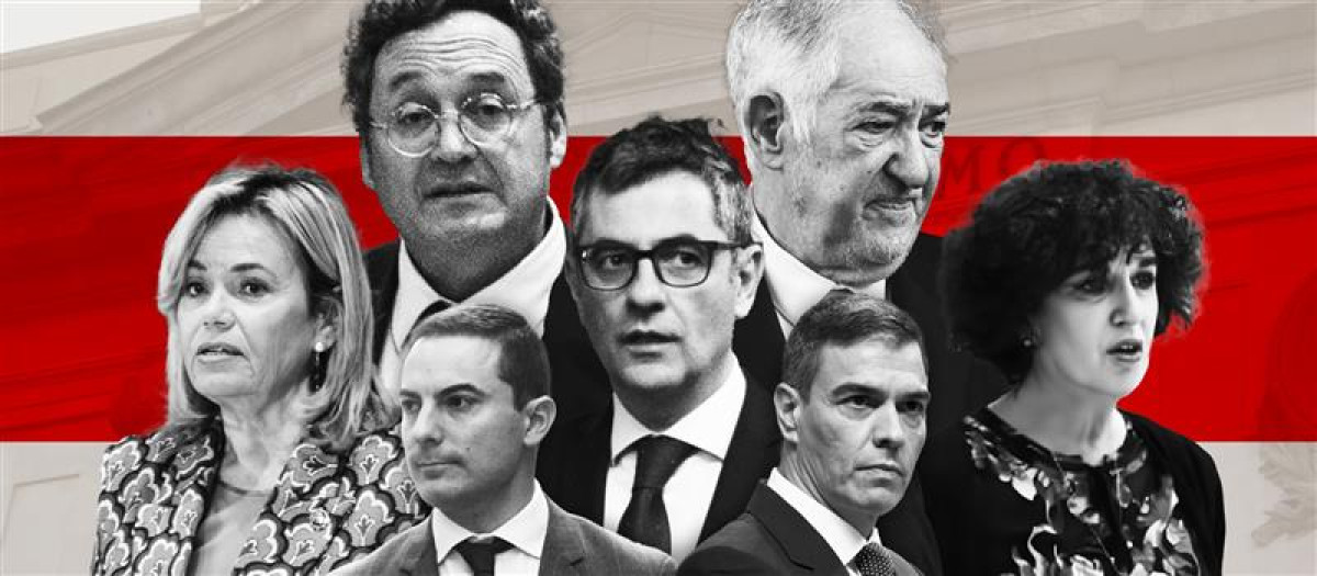 Los desafortunados protagonistas del año judicial 2024 (de izquda. a dcha.): Inmaculada Montalbán, Álvaro García Ortiz, Juan Lobato, Félix Bolaños, Cándido Conde-Pumpido, Pedro Sánchez y Ángeles Sánchez Conde