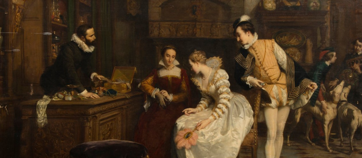 Jeanne d'Albret Comprando Guantes Envenenados del Perfumista de Catalina de Médici, 1852-1858