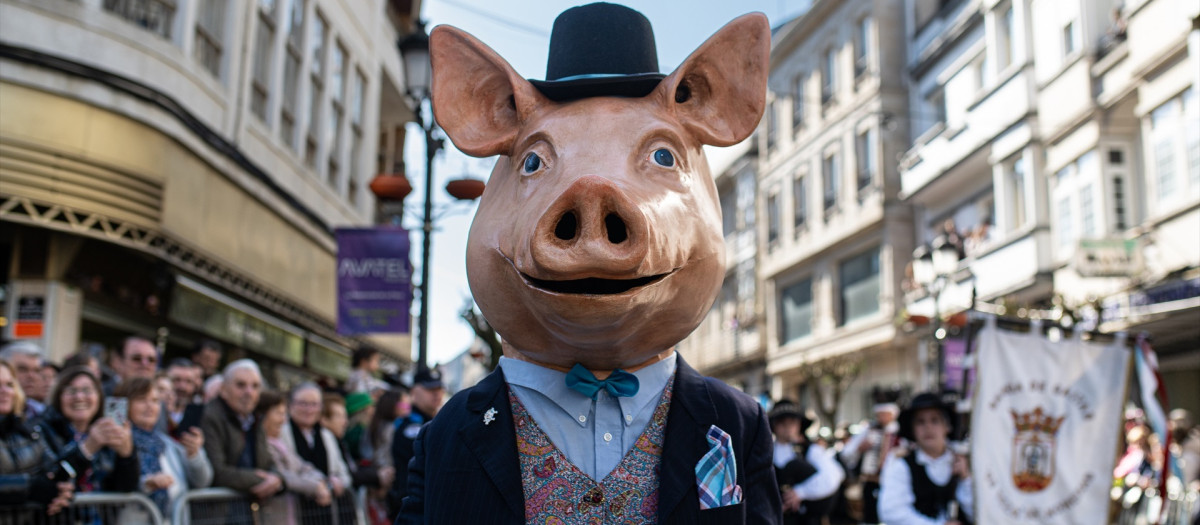 Una persona disfrazada de cerdo durante la LVI Feria en Lalín que homenajea este plato