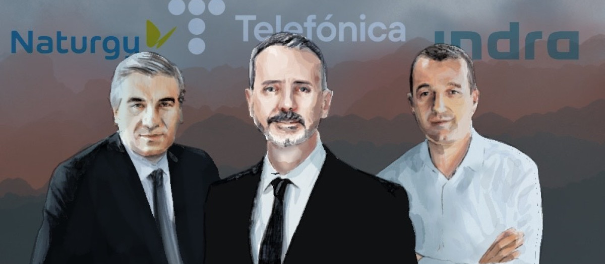 Los presidentes de Naturgy, Francisco Reynés; Telefónica, Marc Murtra, e Indra, Ángel Escribano.