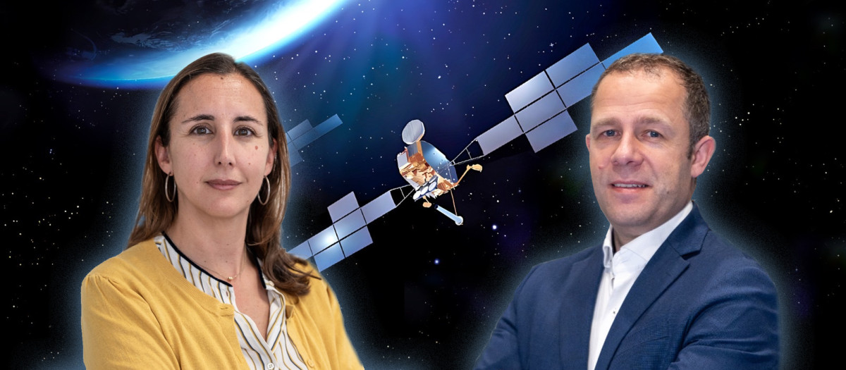 Marta Posada, responsable de SpainSat NG en Airbus Tres Cantos (Electrónica de la Antena Activa) y Enrique Granell, responsable de SpainSat NG en Airbus Defence and Space en España