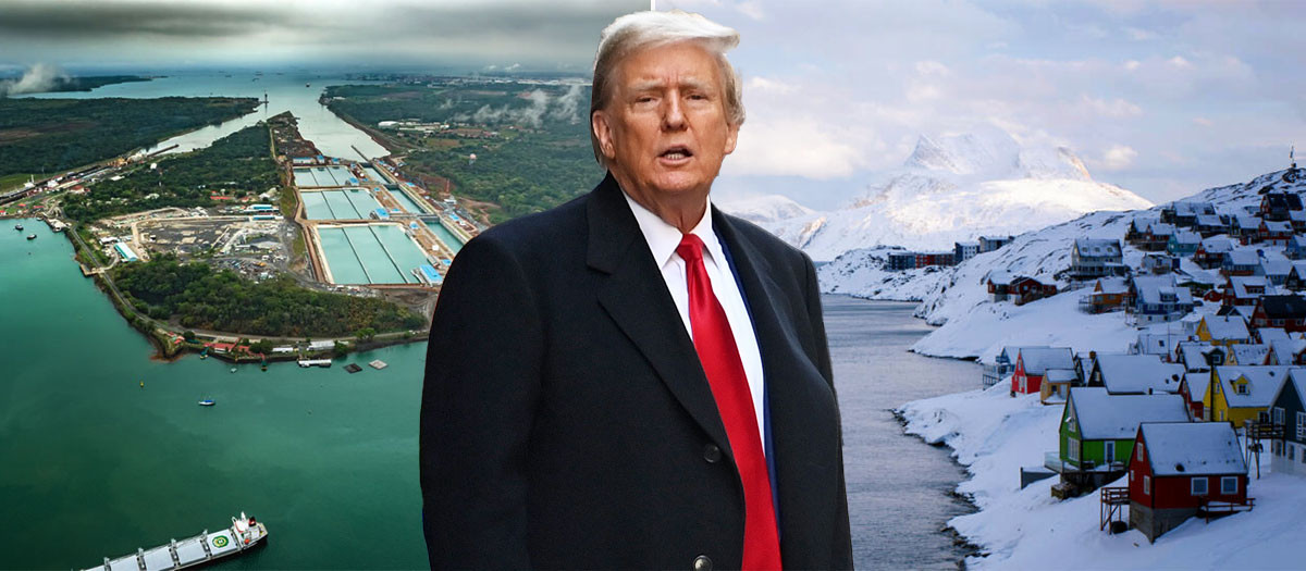 Montaje del presidente de Estados Unidos, Donald Trump, entre el canal de Panamá y Groenlandia