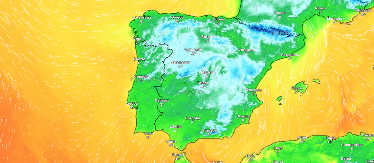 Mapa de temperaturas mínimas para el domingo