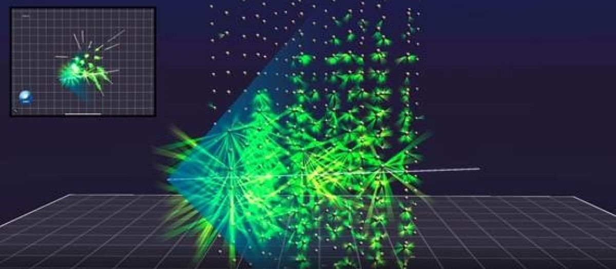Recreación de la captación por los detectores de KM3NeT de la luz Cherenkov emitida por la interacción del neutrino