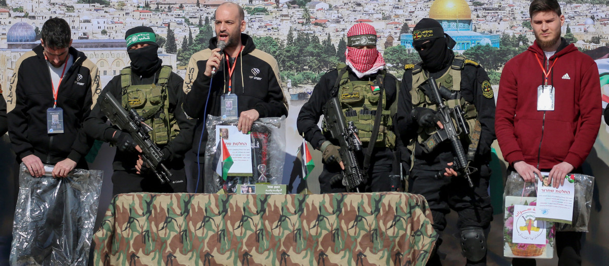 Los tres rehenes israelíes liberados por Hamás en Jan Yunis, Gaza