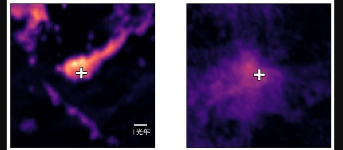 Ejemplo de una nube molecular filamentosa (izquierda) y esponjosa (derecha) en la Pequeño Nube de Magallanes