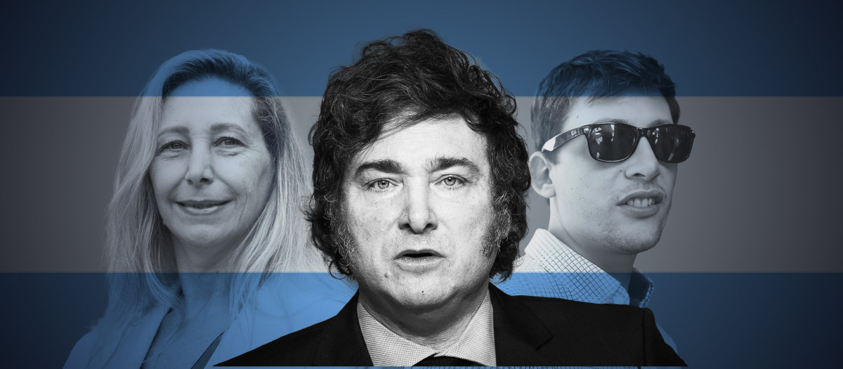 Javier Milei, Karina Milei y Santiago Caputo