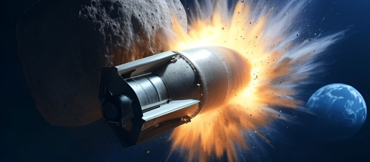 Ilustración de un misil nuclear impactando contra un asteroide