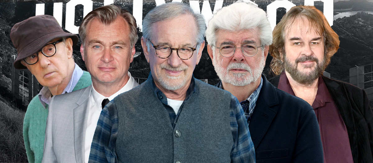 De izquierda a derecha, Woody Allen, Christopher Nolan, Spielberg, George Lucas y Peter Jackson