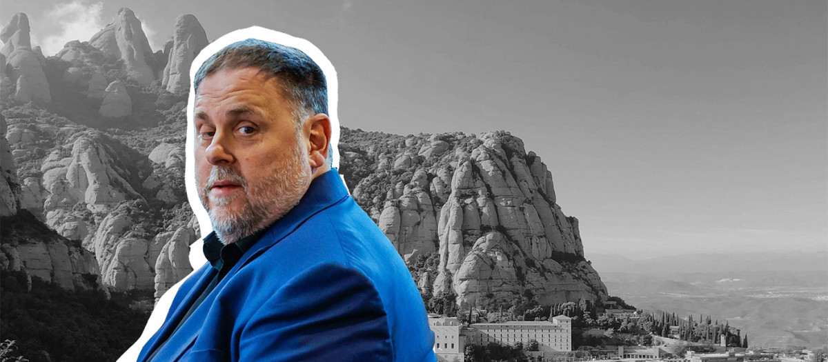 Collage de Oriol Junqueras y la montaña de Montserrat