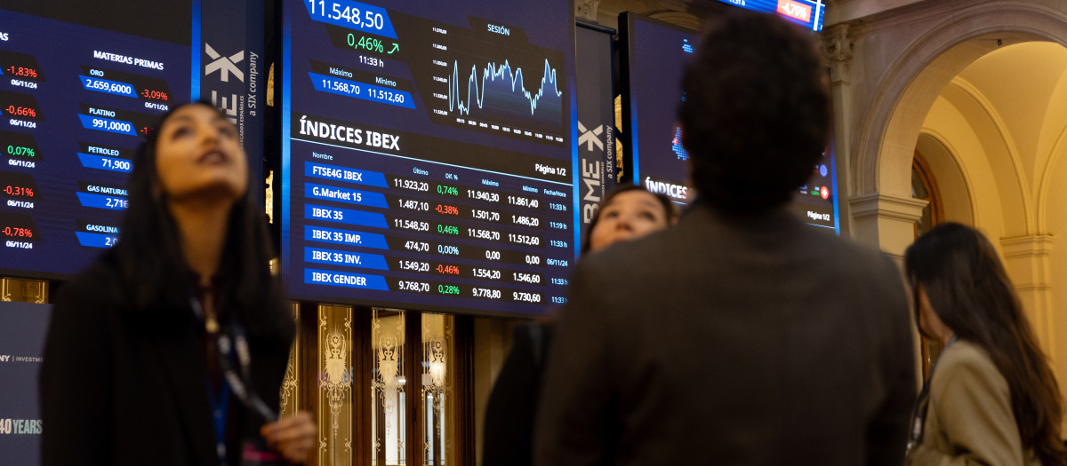 Paneles del Ibex en el Palacio de la Bolsa de Madrid
