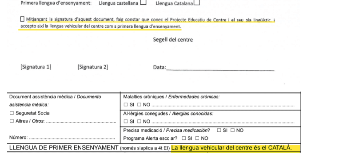 Hoja de matrícula de un colegio de Baleares
