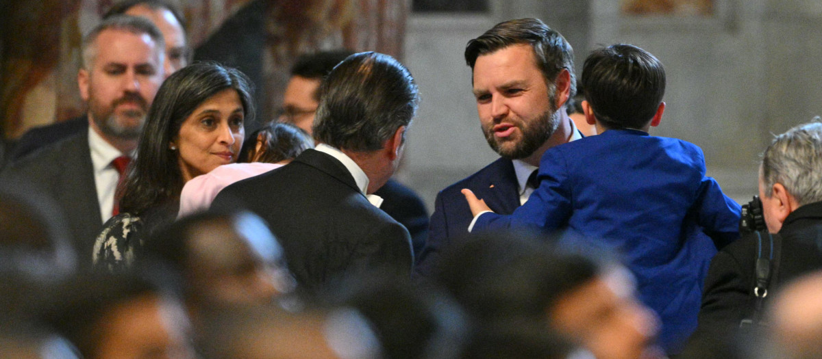 Second Lady Usha Vance and U.S. Vice President JD Vance arrive with their children to attend a mass of the Passion of the Lord on Good Friday as part of the Holy Week celebrations, at St Peter's Basilica in the Vatican on April 18, 2025. (Photo by Andreas SOLARO / AFP)
