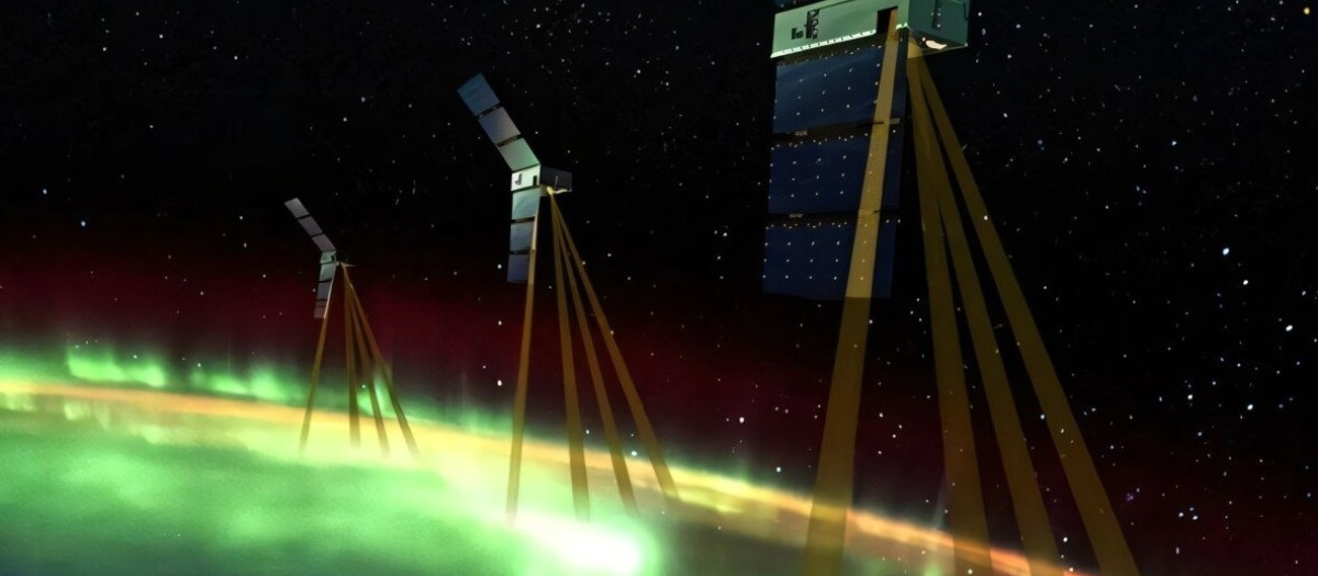Este concepto artístico muestra los tres CubeSats de la misión EZIE de la NASA volando en formación para estudiar las corrientes eléctricas en la atmósfera terrestre asociadas con las auroras