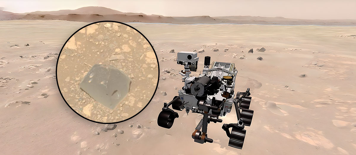 Montaje del rover Mars Perseverance de la NASA, en el cráter Jezero, junto a la roca recientemente encontrada