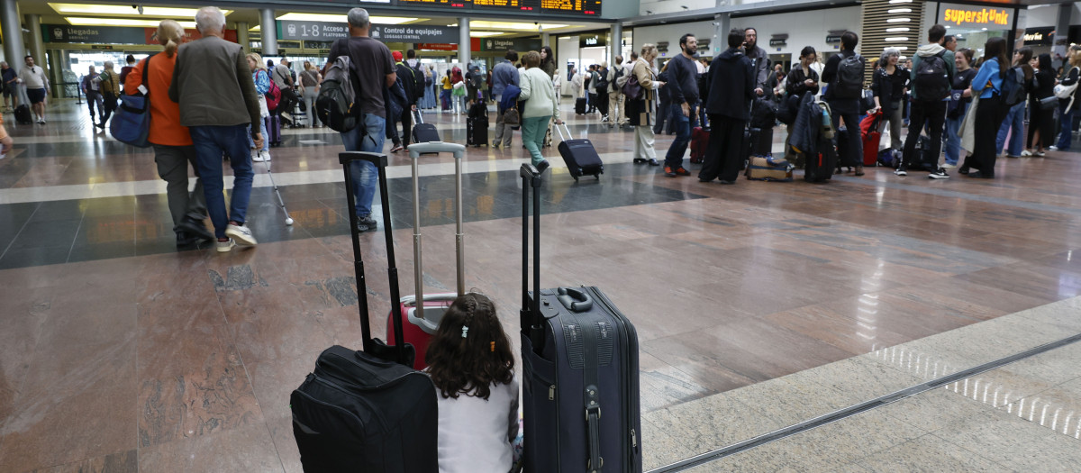 Una niña aguarda junto al equipaje de su familia en la Estación María Zambrano de Málaga la reanudación del servicio de alta velocidad este lunes tras el robo de cable en cuatro puntos de la provincia de Toledo que ha dejado miles de pasajeros afectados. EFE/Jorge Zapata