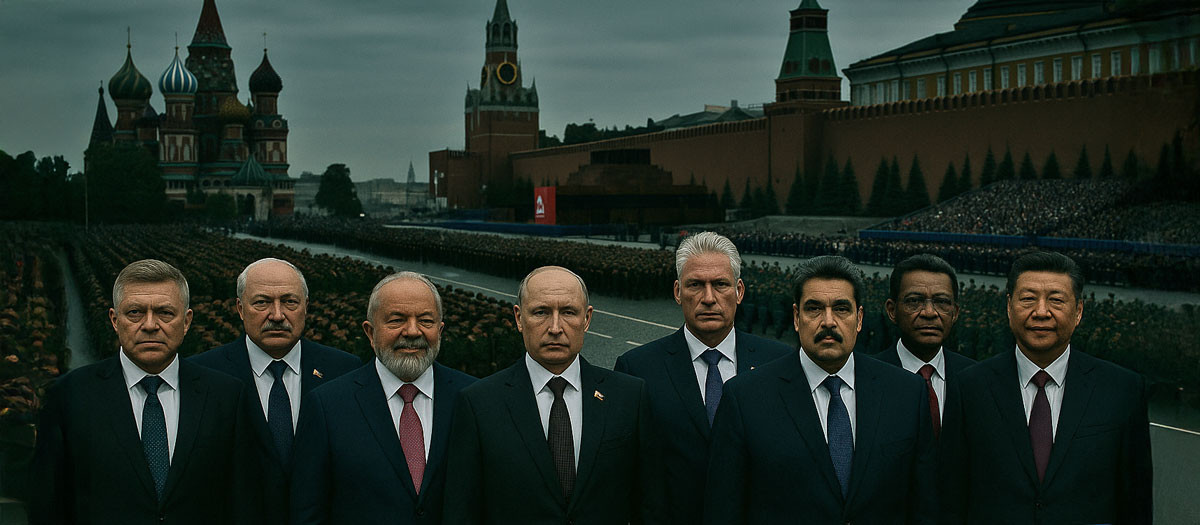 Fotomontaje de algunos de los líderes mundiales que acompaña al presidente de Rusia, Vladimir Putin, en el Día de la Victoria