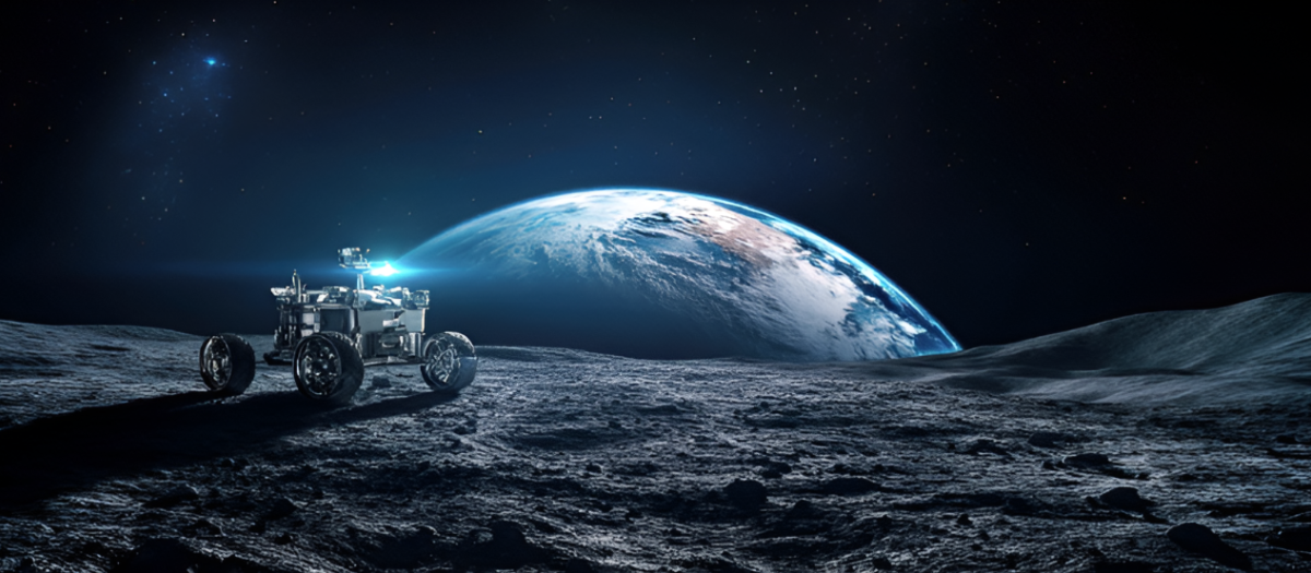 Ilustración de un rover en la superficie de la Luna con el sistema de navegación LUPIN, de la empresa GMV