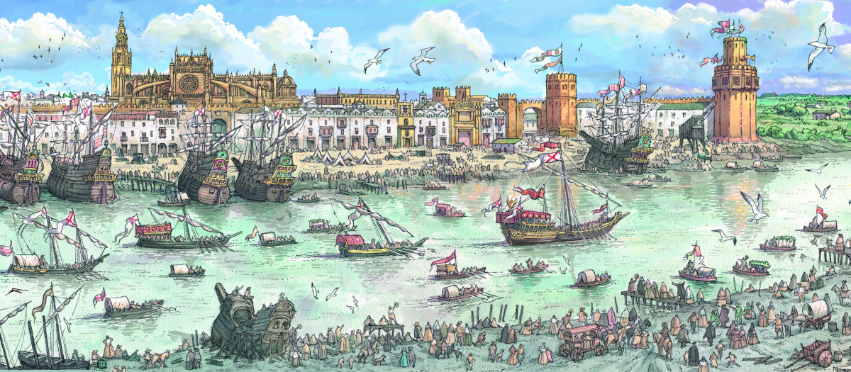 La Sevilla de tiempos de Felipe II reconstruida por el ilustrador Arturo Redondo y el historiador Fernando Olmedo