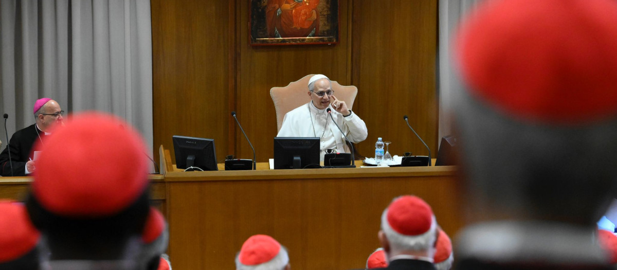 El Santo Padre León XIV, esta mañana en su encuentro con los cardenales