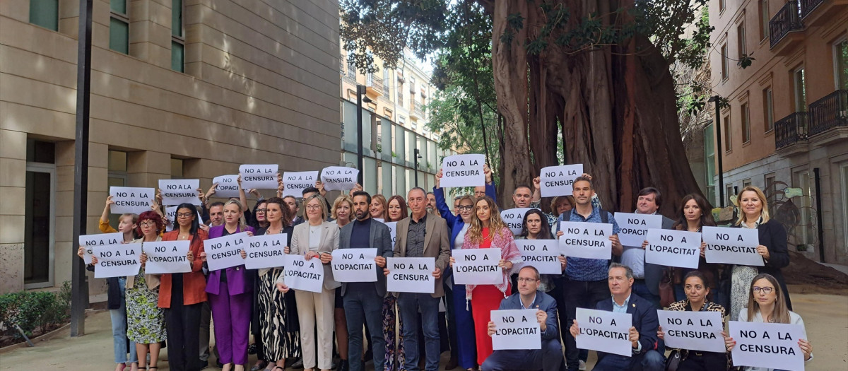 Los diputados del PSPV-PSOE y Compromís, protestando en el patio de las Cortes Valencianas