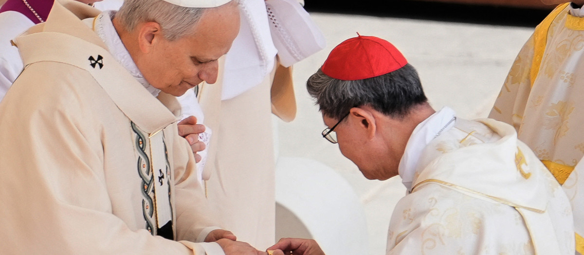 Filipino cardinal Luis Antonio Gokim Tagle puts the Fisherman's Ring on a finger of Pope Leo XIV during a mass for the beginning of his pontificate, in St Peter's square in The Vatican on May 18, 2025.  (Photo by Jacquelyn Martin / POOL / AFP)