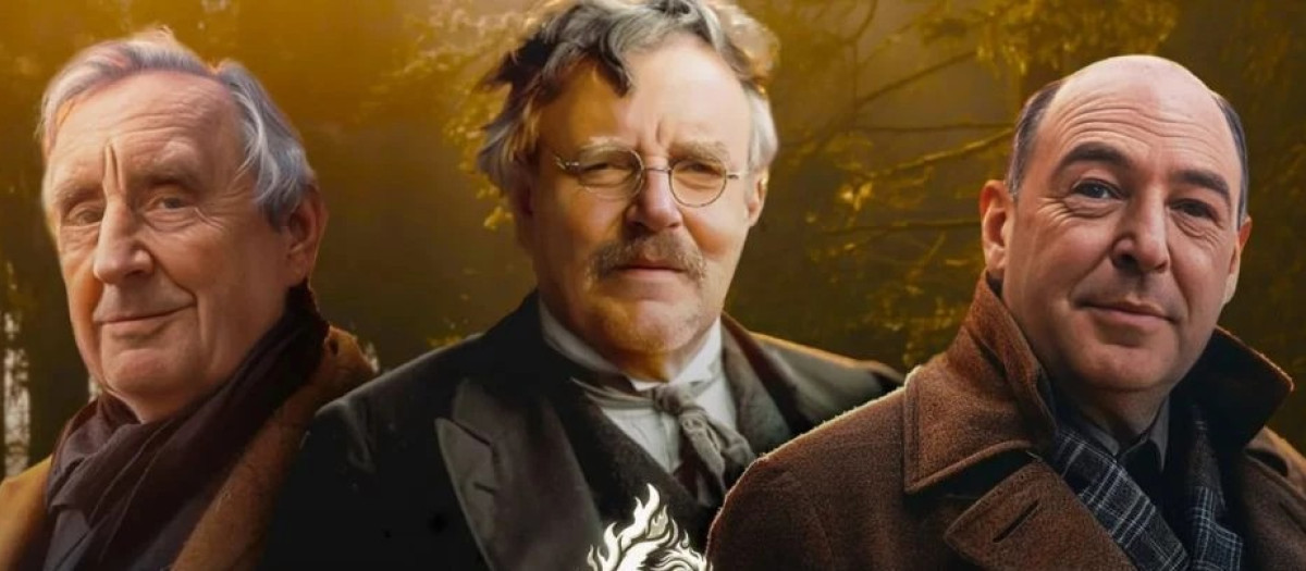 Ilustración que representa a Tolkien, Chesterton y Lewis