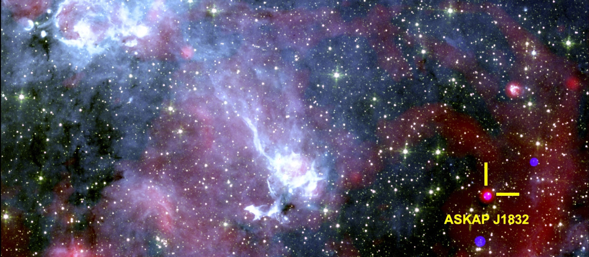 Imagen del cielo que muestra la región alrededor de ASKAP J1832-0911. Rayos X del Observatorio de Rayos X Chandra de la NASA, datos de radio del radiotelescopio sudafricano MeerKAT y datos infrarrojos del Telescopio Espacial Spitzer de la NASA