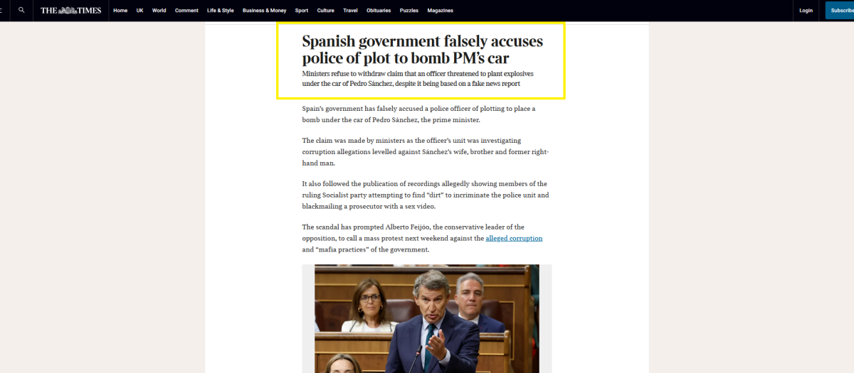 Información de 'The Times' en la que critican la posición del Gobierno con el bulo de la bomba lapa