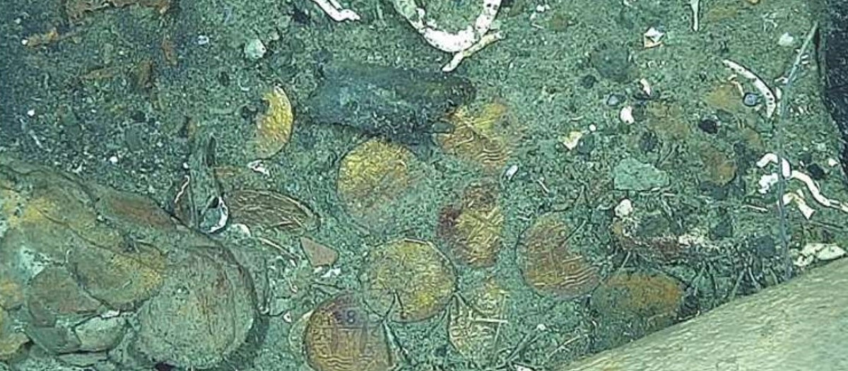 Zona de tesoros en la sección de babor de la popa, que muestra las caras anversas y reversas de las monedas, tal y como fueron observadas en el fondo marino
