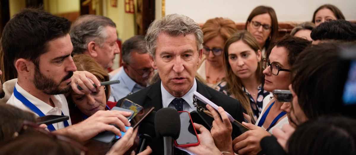 El líder popular, Alberto Núñez Feijóo, atiende a los medios en los pasillos del Congreso