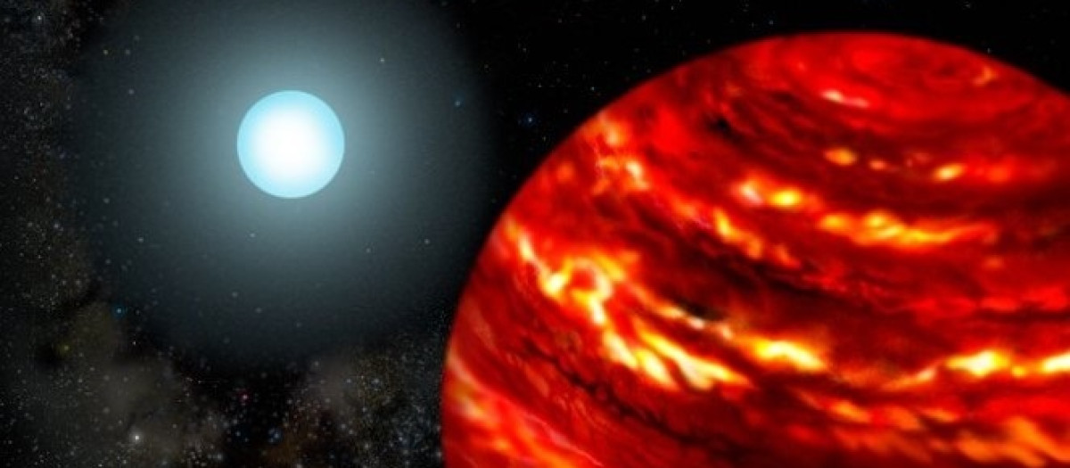 nterpretación artística de un posible sistema exoplanetario con un planeta gaseoso gigante orbitando cerca de su estrella progenitora la cual es más masiva que nuestro Sol