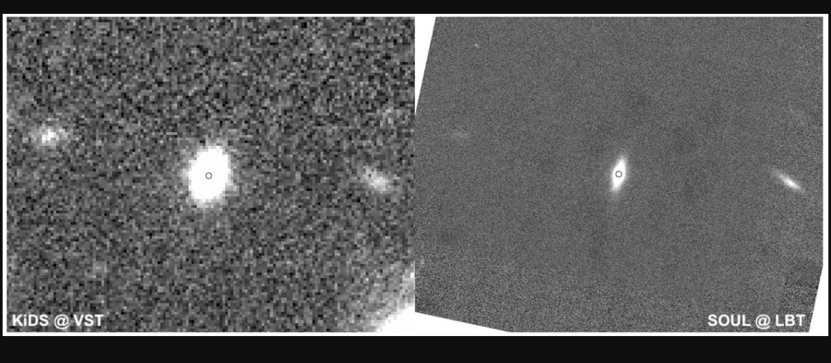 La galaxia reliquia Kids J0842+0059, observada con el VST como parte del sondeo Kids (izquierda) y con el Gran Telescopio Binocular (derecha)