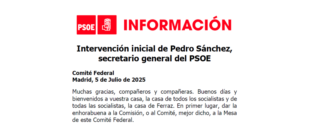 Cabecera del discurso de Pedro Sánchez ante el Comité Federal