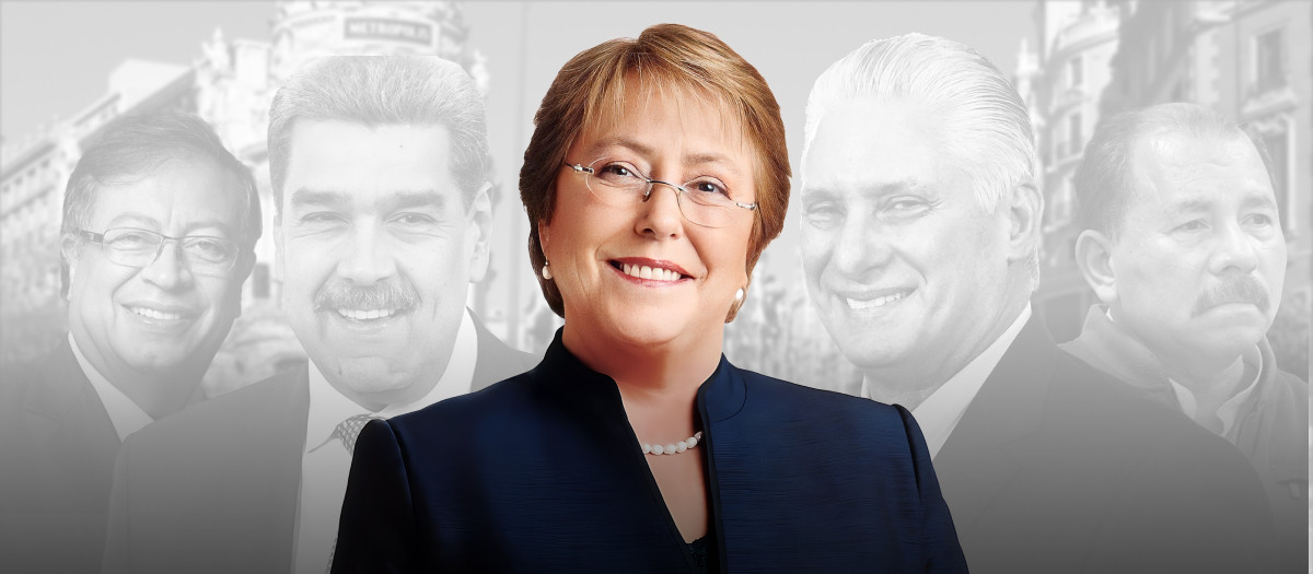 Michelle Bachelet con Gustavo Petro, Nicolás Maduro, Miguel Díaz-Canel y Daniel Ortega de fondo