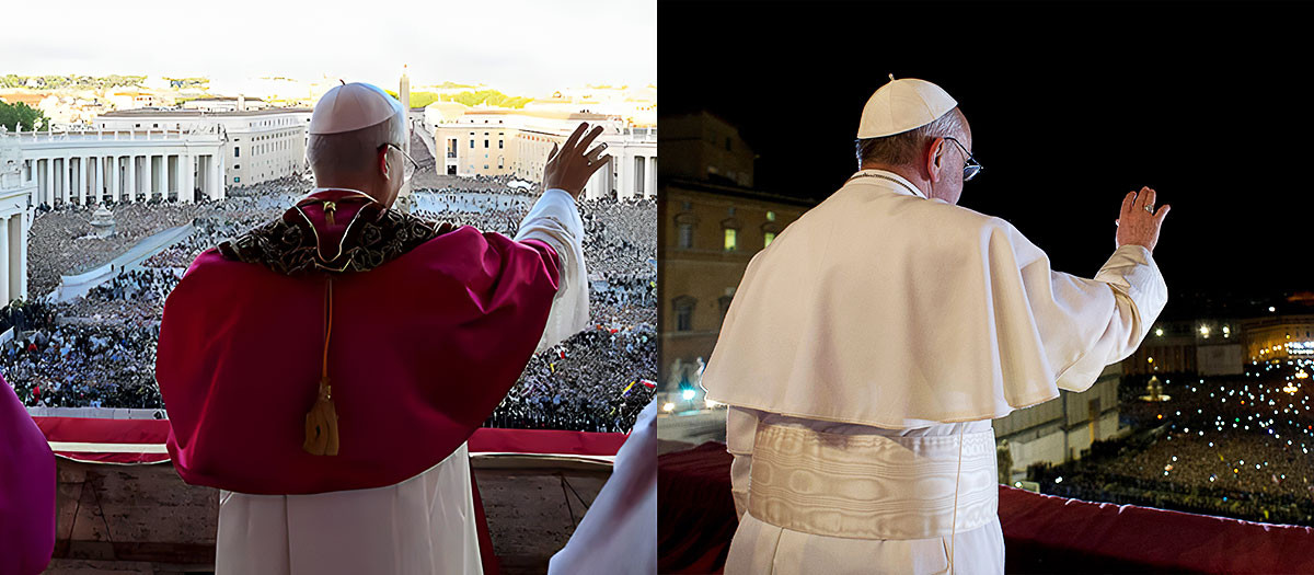 León XIV (izquierda) y Francisco (derecha) en su primer saludo al mundo como Papa