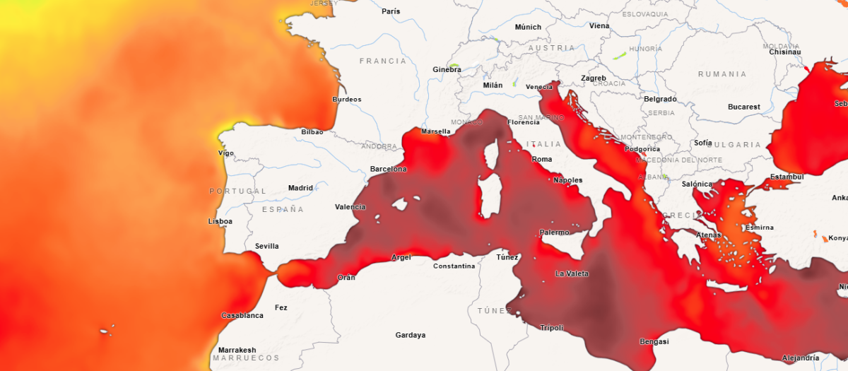 Mapa que marca la temperatura del agua del mar