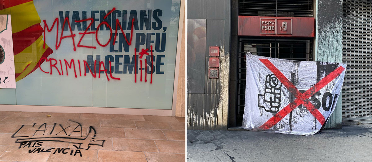 Imagen del ataque a la sede del PPCV el 25 de abril y al de los socialistas valencianos este 6 de julio.