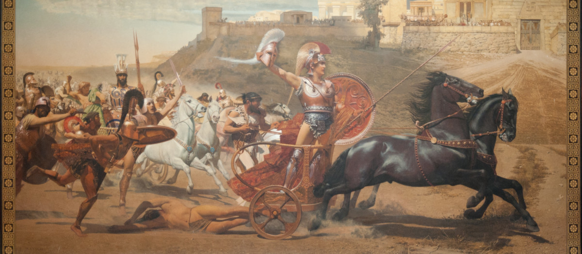 Fresco de Franz Matsch del palacio del Aquileón de Corfú que representa a Aquiles arrastrando el cadáver de Héctor ante los muros de Troya (1892-1894)