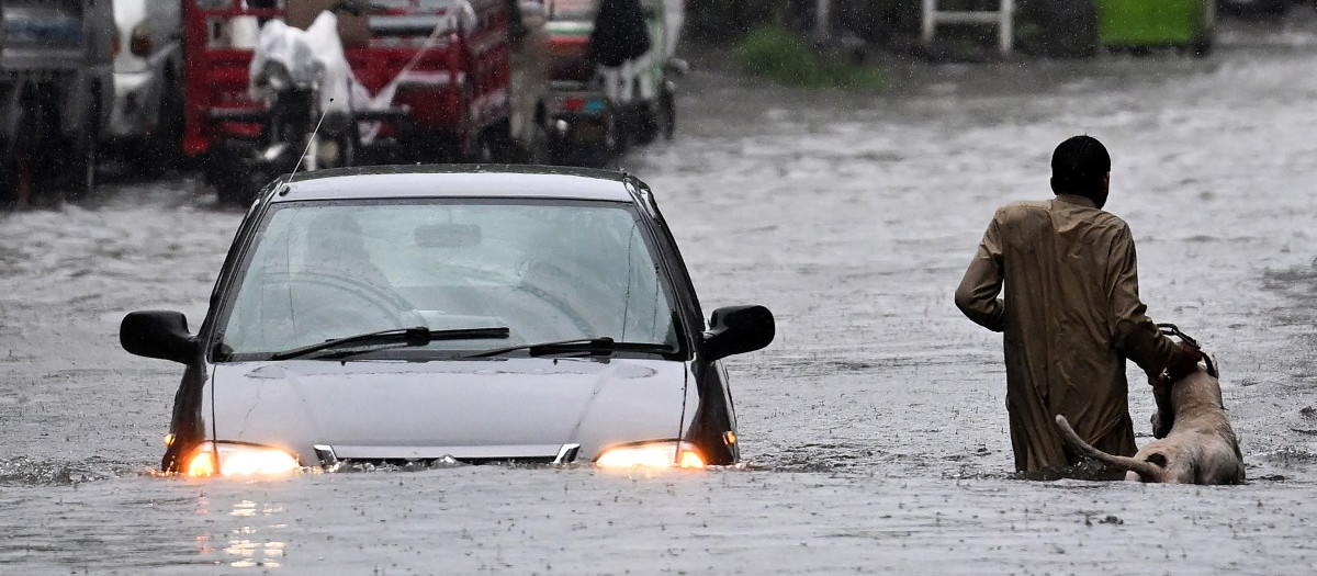 A man along with his dog while a car wade through a flooded street during heavy monsoon rains in Rawalpindi on July 17, 2025. Monsoon rains in Pakistan have been linked to more than 110 deaths including dozens of children since they arrived in late June, according to government figures released on July 14. (Photo by Aamir QURESHI / AFP)