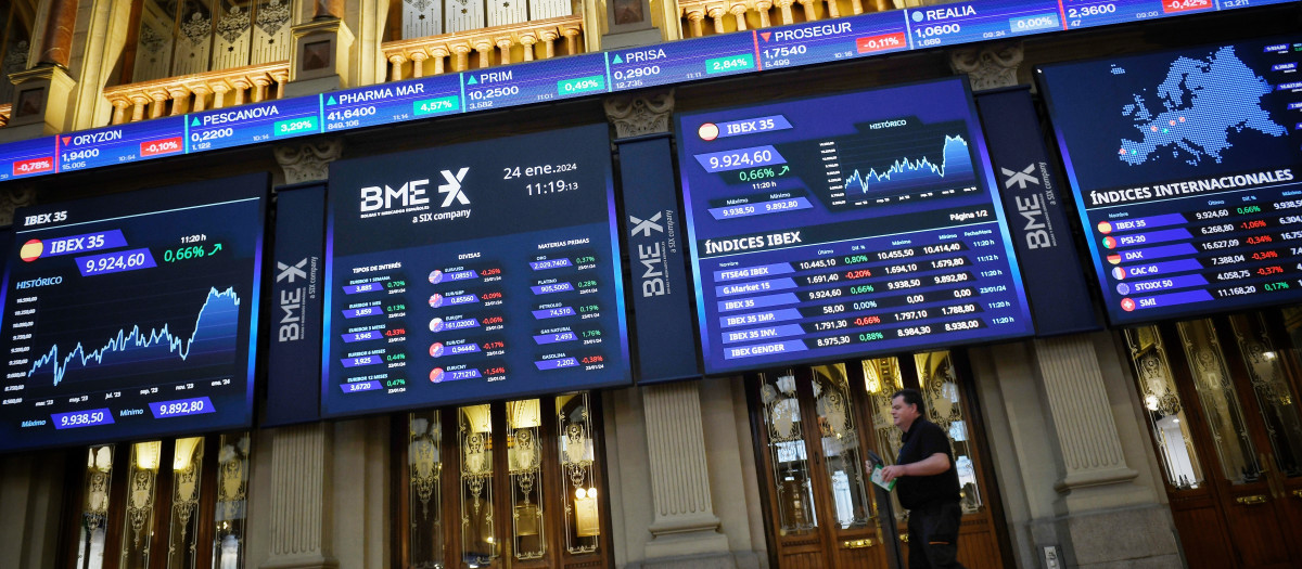 Un panel del Ibex 35, en el Palacio de la Bolsa