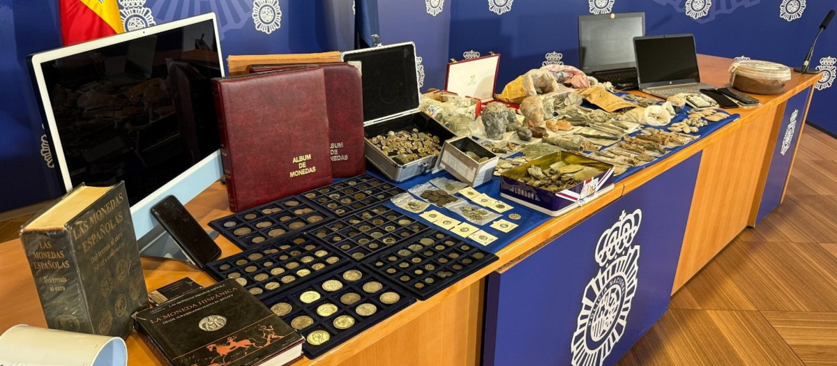 Imagen de algunas de las piezas intervenidas y del dinero decomisado