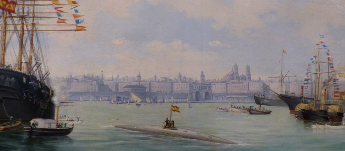 Botadura del submarino de Peral en aguas de la bahia de Cádiz el 8 de septiembre de 1888. Pintura de Francisco Giraldez
