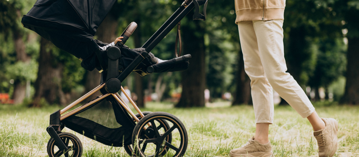 Young mother walking with baby carriage in park