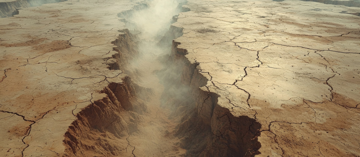 Aerial drone shot of a vast, cracked desert landscape, with deep fissures running across the parched earth. Dust clouds rise from the surface, emphasizing the harsh conditions. Ultra-realistic, elongated format, captured from a high altitude --ar 3:2 --quality 2 --style raw --stylize 500 --v 6.1 Job ID: fb076e03-4d80-4899-ac51-217a4f61a696